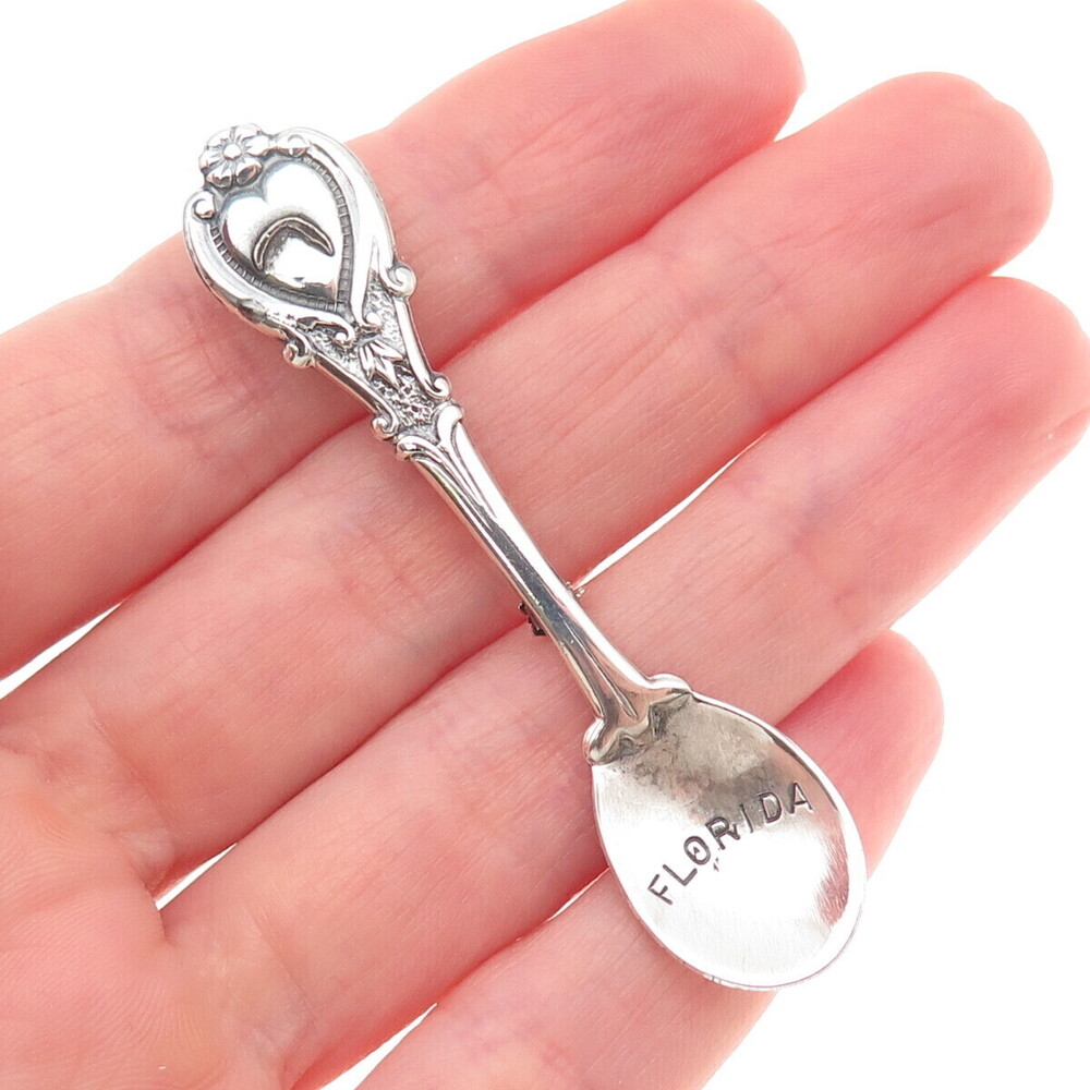 Beau 925 Sterling Silver Antique Art Deco Florida Salt & Spices Spoon Pin Brooch